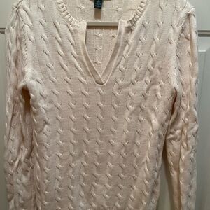 Lauren Ralph Lauren Cable Knit V-Neck Sweater in Cream Large L